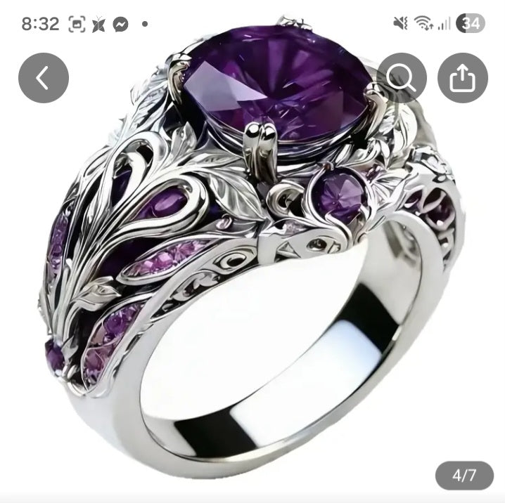 Men's and Women's S-925 Sterling Siilver Purple Stone Ring Set