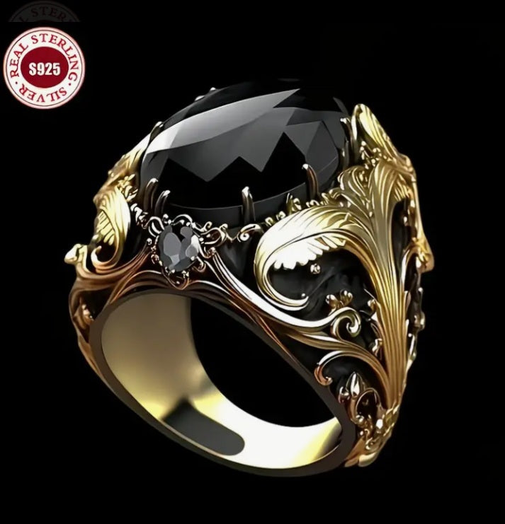 Men's Vintage Black stone Gold Plated Leaf Ring.