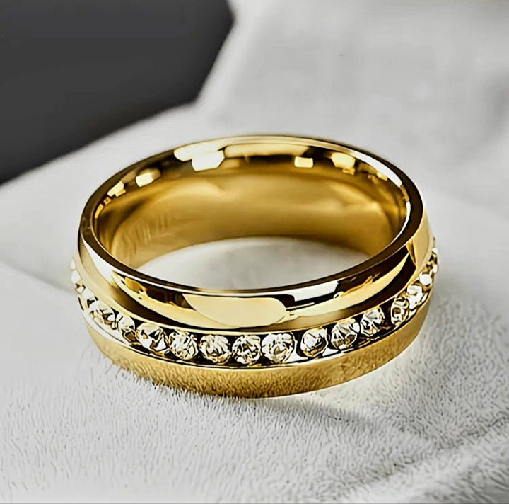 GOLD PLATED STAINLESS STEEL STONES INLINE MEN'S AND WOMEN'S RING